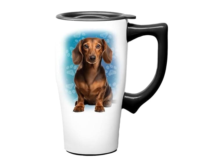 Spoontiques Dachshund Ceramic Travel Coffee Mug with Lid and Handle - Image 1