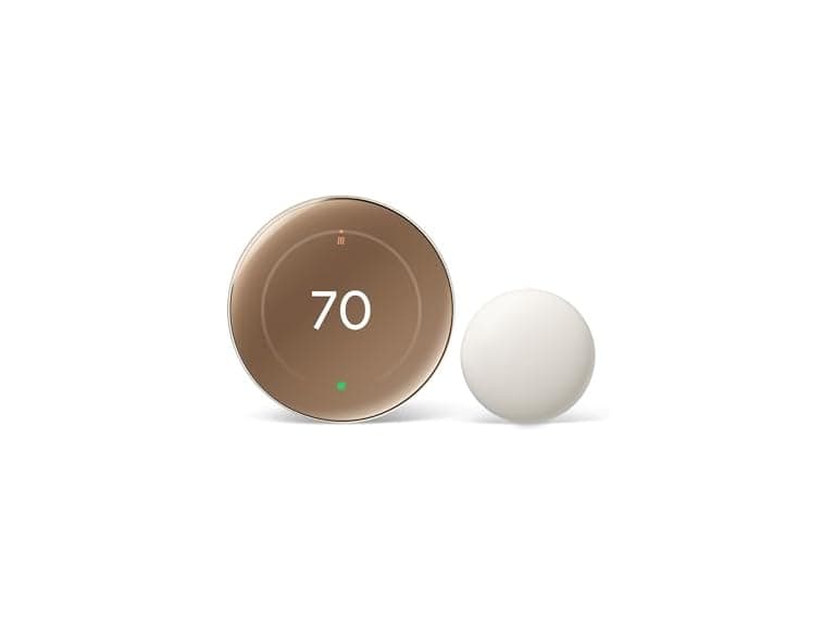 Google Nest Learning Thermostat (4th Gen, 2024) with Nest Temperature Sensor - Energy Saving Smart Thermostat - Compatible with Alexa, Apple HomeKit and Google Home App - Polished Gold (Open Box) - Image 1