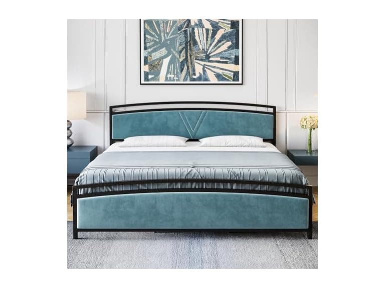 GAOMON King Velvet Bed, Arc Design, Blue - Image 1