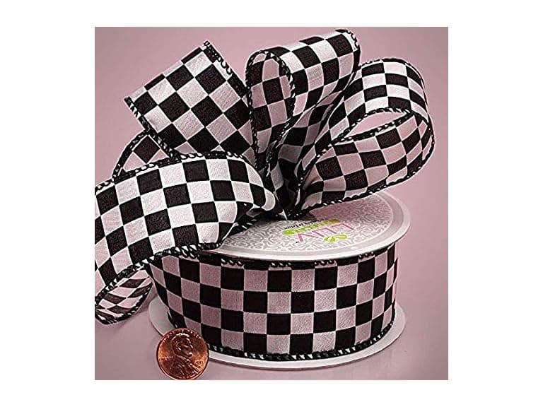 White Checkered Fabric Ribbon 1.5" x 10yd - Image 1