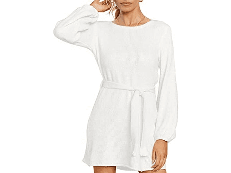 HAPCOPE Women's Long Sleeve Sweater Dress w/ Belt White L - Image 1