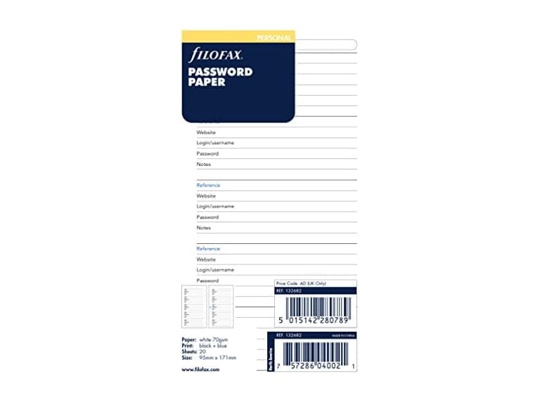 Filofax Personal Password Paper Refill, White, 95 x 171 mm - Image 1