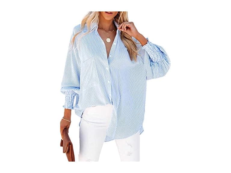 LEMAFER Womens Smocked Boyfriend Shirt - Image 1