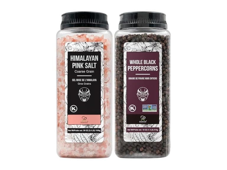 Soeos Himalayan Pink Salt 39 oz + Whole Black Pepper 18 oz - Image 1