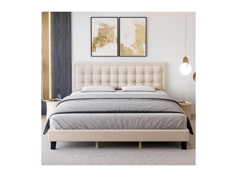 GAOMON Queen Linen Bed Frame, Off White - Image 1