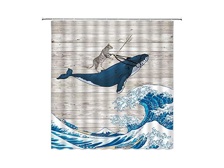 Funny Cat Shower Curtain Cat Riding Whale Blu - Image 1