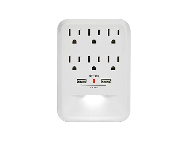 Clear Power 6-Outlet 600 Joule Wall-tap w/2-port USB-A Charger & Nightlight - Image 1