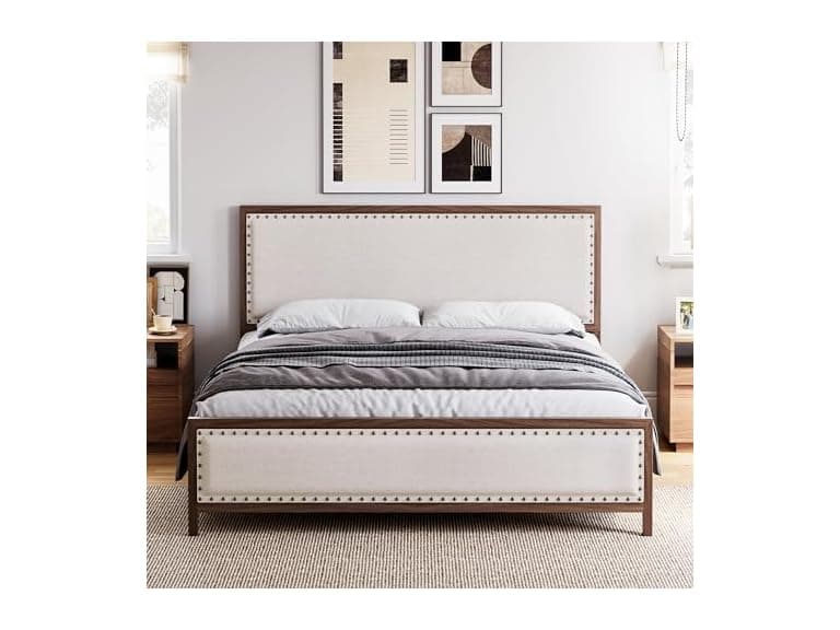 Senfot Queen Metal Bed Frame, Upholstered Platform - Image 1
