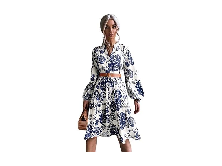 Floerns Women (L) V Neck Ruffle Hem Lantern Dress - Image 1