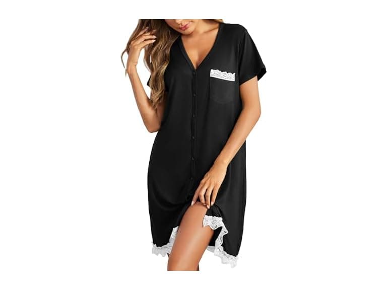 Ekouaer (M) Night Gown Soft V Neck Up Nightgowns - Image 1