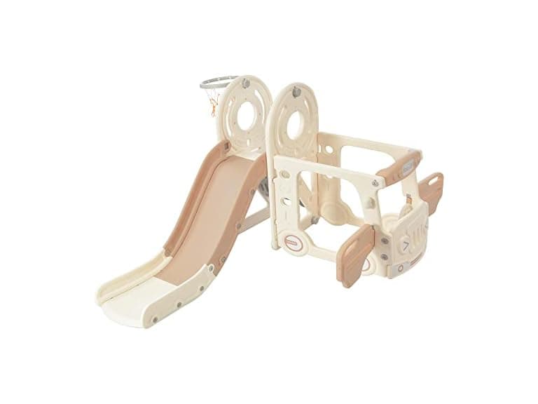 SPOFLYINN Toddler Slide Swing Set with Bus Beige - Image 1