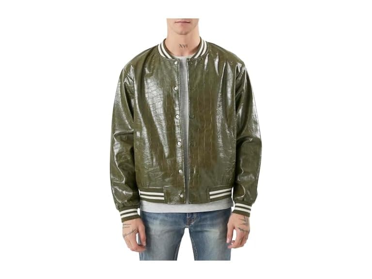 Forever 21 (M) Faux Croc Varsity Bomber Jacket - Image 1