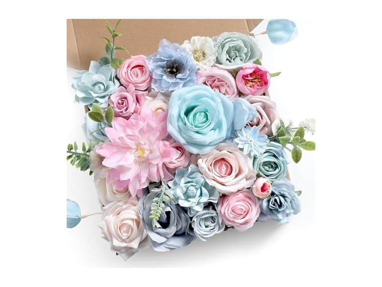 Blue Pink Artificial Rose Flowers w/ Stems - Image 1