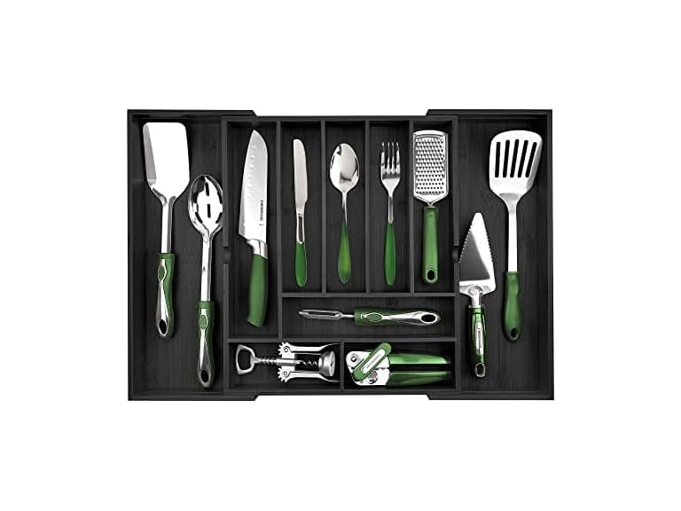 Expandable Kitchen Drawer Organizer up to 25 Inches Wide, 10 Slots - Black - Image 1