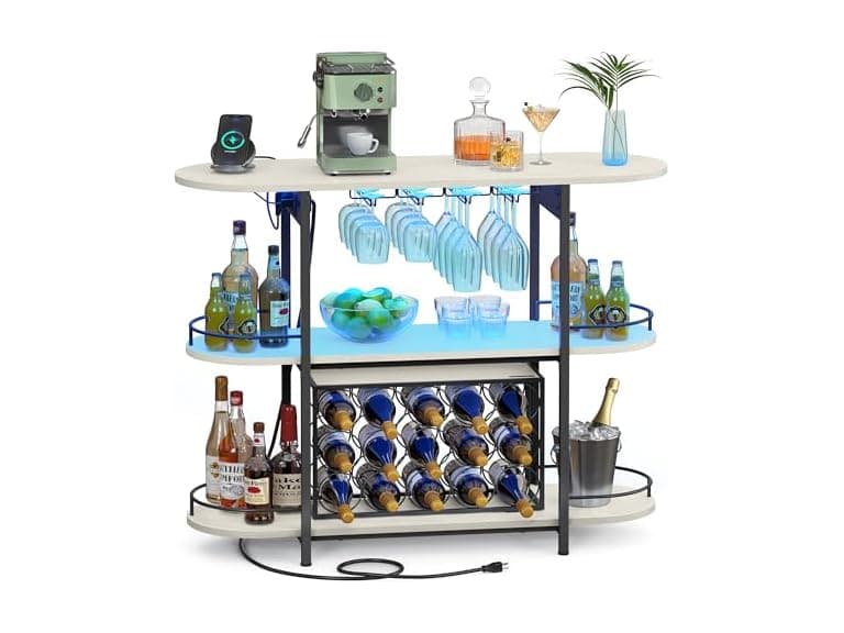 VASAGLE Bar Cabinets for Home, LED Coffee Bar, Rustic White - Image 1