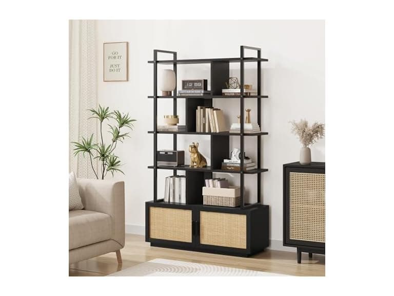 GAOMON 5-Tier Rattan Bookshelf, Black - Image 1