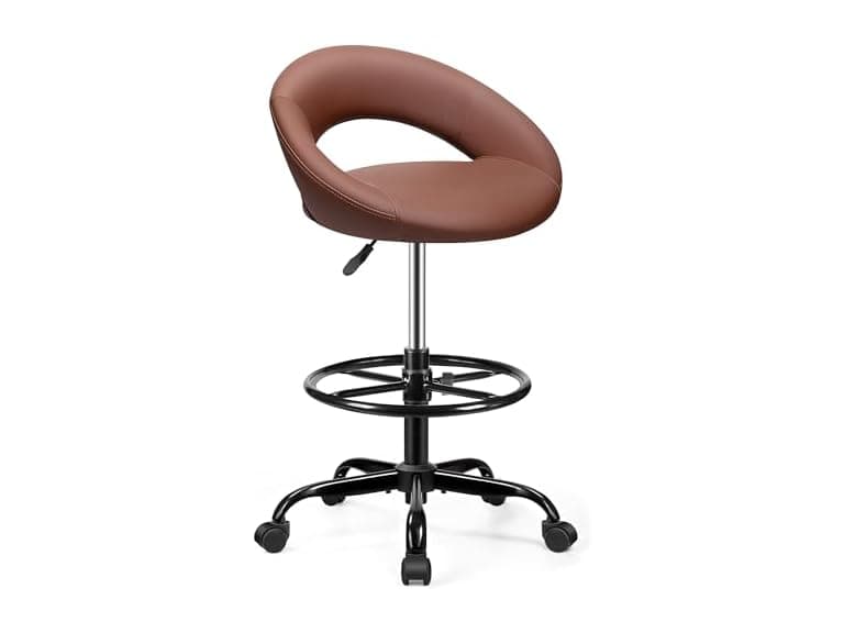 Drafting Chair with Back, Height Adjustable Rolling Stool with Foot Rest, Tall 360° Swivel Stool PU Leather Chair with Wheels for Home Office, Standing Desk, Brown (Open Box) - Image 1