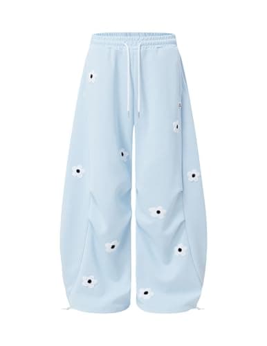 Aelfric Eden Baggy Wide Leg Sweatpants Flower Embroidery Casual Y2K Elastic Drawstring Lantern Barrel Lounge Trouser Pants Blue L