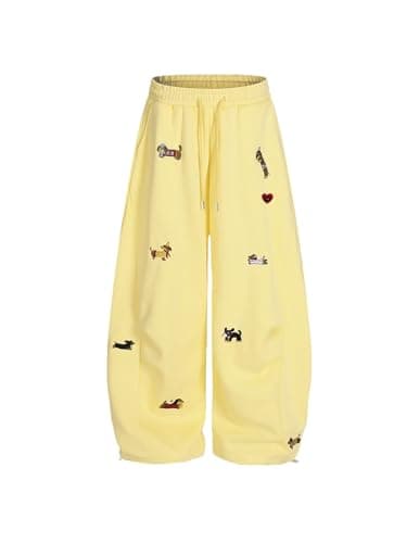 Aelfric Eden Embroidery Puppy Baggy Barrel Sweatpants Casual Y2K Elastic Drawstring Unisex Wide Leg Pants Lantern Trouser Yellow XL - Image 1