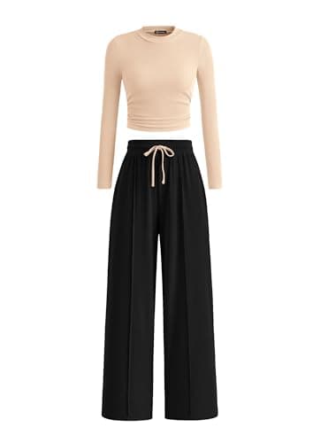 PRETTYGARDEN Women's 2 Piece Sets 2026 Fall Long Sleeve Crop Tops Wide Leg Pants Matching Outfit Tracksuits Spring Clothes (Beige Black,XX-Large) - Image 1