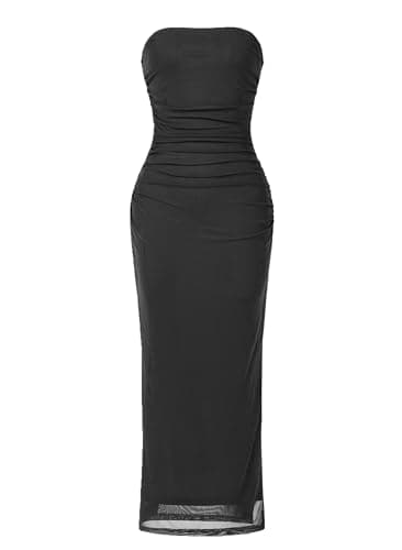 OutfitShow Womens Summer Bodycon Maxi Dresses 2026 Floral Strapless Tube Slit Ruched Mesh Cocktail Party Long Dress, Black XL - Image 1
