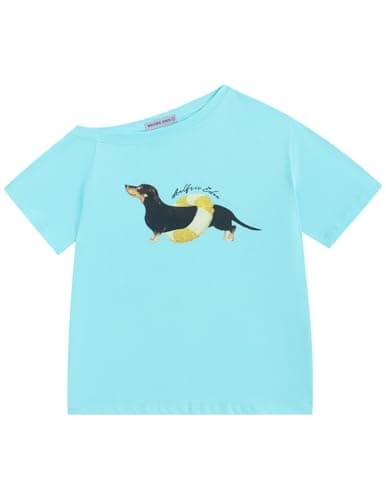 Aelfric Eden Dachshund Off The Shoulder Tshirts Women's Oversized Graphic Tees Short Sleeve Summer Cute T Shirts Y2K Tops Lake Blue Medium