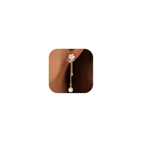 Pearl Earrings for Women, 14k Gold Plated Trendy Diamond Pearl Drop Flower Earrings Bridal Shower Gifts Wedding jewelry for Women - Image 1