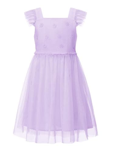 ALLOVIN Girls & Toddlers Easter Embroidered Tulle A-Line Party Dress with Ruffle Sleeve Elastic Straps Flower Girl Dress | Purple | 4T - Image 1