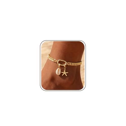 CTEEGN Anklets for Women Waterproof, 14K Gold Plated Anklet, Gold Ankle Bracelet for Women with Removable Starfish Shell Charms, Cuban Link Anklet for Big Ankles, Non Tarnish Summer Beach Jewelry - Image 1