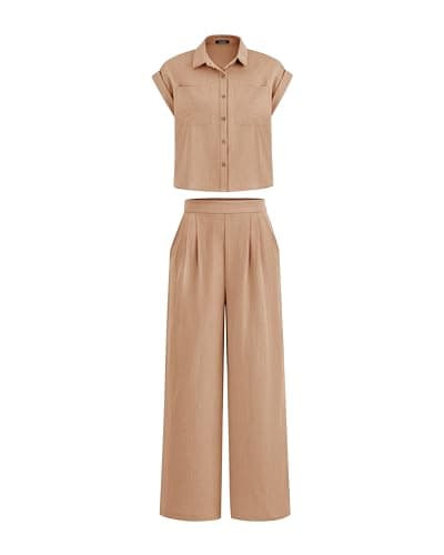 PRETTYGARDEN Womens 2 Piece sets Summer Cap Sleeve Tops Palazzo Pants Dressy Casual Vacation Travel Outfits Tracksuits(Khaki,Medium) - Image 1