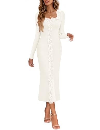 MEROKEETY Womens Spring Flower Bodycon Sweater Dress 2026 Fall Long Sleeve Square Neck Ruffle Ribbed Knit Midi Dresses, White, X-Large - Image 1