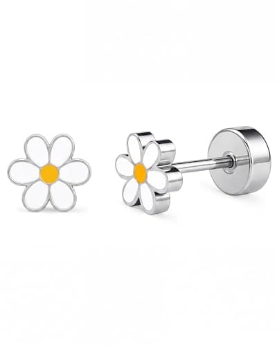 MHWTTY Hypoallergenic Daisy Studs Earrings for Women,18K Gold Plated Surgical Stainless Steel Flat Back Flower Earrings for Sensitive Ears,20G Post Screw Back Cartilage Helix Piercing Jewelry (Silver) - Image 1