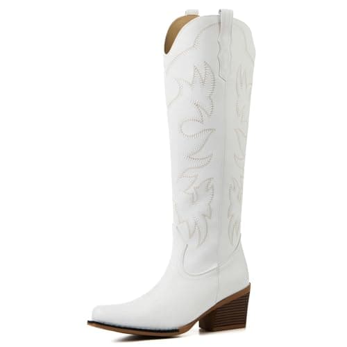 ZBVB Cowgirl Boots for Women - Cowboy Boots Knee High with Pointed Toe, Chunky Heel and Classic Embroidery for Concert, Wedding, Rodeo, Party - Image 1