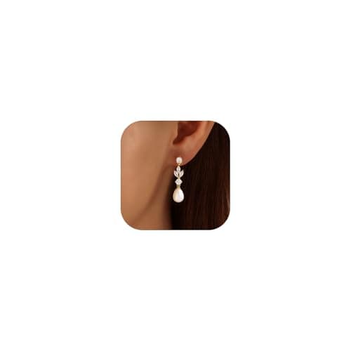 Pearl Earrings for Women, 14k Gold Plated Dangle Pearl Diamond Earrings Bridal Shower Gifts Wedding jewelry for Women - Image 1