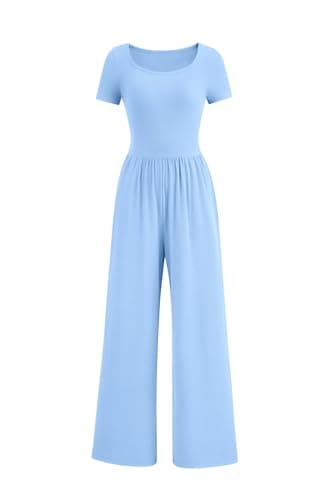 PRETTYGARDEN Women's Summer One Piece Jumpsuits Dressy Casual Short Sleeve Square Neck Wide Leg Rompers Travel Outfit Clothes (Light Blue,X-Small) - Image 1