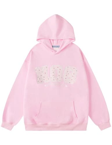 Aelfric Eden Womens Oversized Graphic Hoodies Y2k Flower Embroidery Number Print Pullover Hooded Sweatshirt Unisex Pink Large