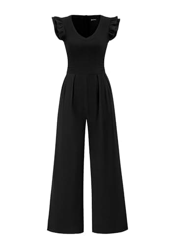 PRETTYGARDEN One Piece Jumpsuits For Women Dressy Ruffle Cap Sleeve V Neck Ribbed Knit Wide Leg Romper 2026 Summer Outfits (Black,X-Large) - Image 1