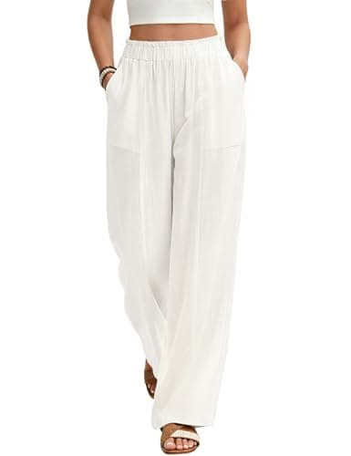 Uikue Womens Linen Pants Summer Casual Wide Leg Palazzo Pants High Waist Loose Flowy Beach Trousers Work Outfits(White,XXL) - Image 1