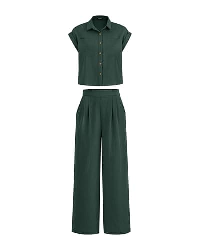 PRETTYGARDEN Womens 2 Piece sets Summer Cap Sleeve Tops Palazzo Pants Dressy Casual Vacation Travel Outfits Tracksuits(Dark Green,X-Large)