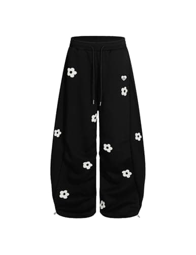 Aelfric Eden Baggy Wide Leg Sweatpants Flower Embroidery Casual Y2K Elastic Drawstring Lantern Barrel Lounge Trouser Pants Black M