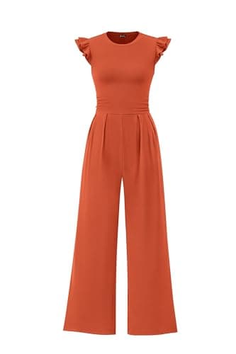 PRETTYGARDEN Womens Summer Jumpsuits Dressy Casual Crew Neck Rib Knit One Piece Outfits Ruffle Cap Sleeves Romper(Brick Red,Large) - Image 1
