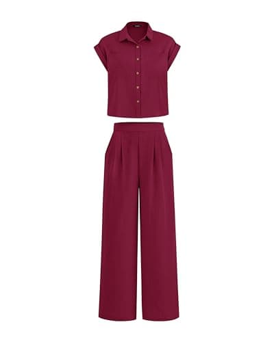 PRETTYGARDEN Womens 2 Piece sets Summer Cap Sleeve Tops Palazzo Pants Dressy Casual Vacation Travel Outfits Tracksuits(Dark Wine Red,Medium) - Image 1