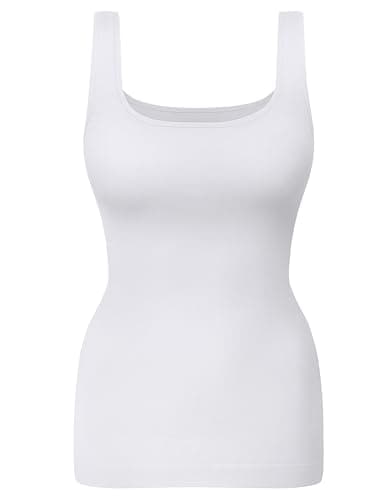 KIKIMINK Womens Tummy Control Shapewear Tank Top - Seamless Square Neck Wide Strap Compression Tanks for Women - Slimming Sleeveless Body Shaper Undershirt Fitted Camisole - White X-Large - Image 1