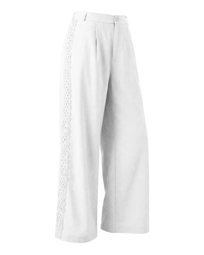 Women's Casual Elastic High Empire Waisted Button and Zipper Wide Leg Palazzo Dressy Lace Trim Cotton Viscose Rayon White Pant Slack with Pockets Vocation Trousers for Summer Beach Vocation Holiday - Image 1