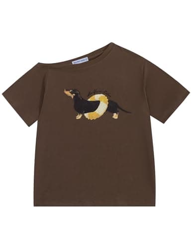 Aelfric Eden Dachshund Off The Shoulder Tshirts Women's Oversized Graphic Tees Short Sleeve Summer Cute T Shirts Y2K Tops Brown Small - Image 1