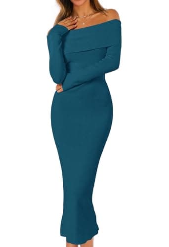 MEROKEETY Women's Winter Off Shoulder Bodycon Sweater Dress 2026 Spring Formal Long Sleeve Elegant Club Party Midi Dresses, Teal, Medium - Image 1