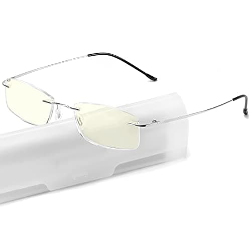 TOVEEN Titanium Rimless Reading Glasses Blue Light UV Blocking, Ultralight Frameless Spring Hinge Readers with Case for Men Women 1 Pair Silver +2.5