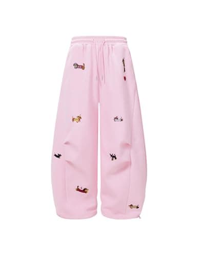 Aelfric Eden Embroidery Puppy Baggy Barrel Sweatpants Casual Y2K Elastic Drawstring Unisex Wide Leg Pants Lantern Trouser Pink XS - Image 1