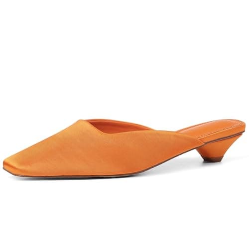 heelchic Satin Mules for Women Closed Square Toe Kitten Heels, Elegant Slip On Backless Low Heel Dress Shoes for Vacation, Casual, Party, Work Orange - Image 1