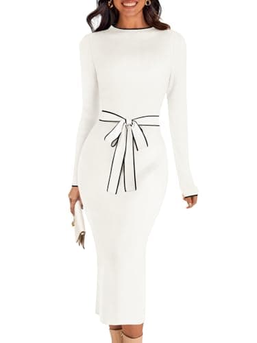 MEROKEETY Women's 2026 Long Sleeve Midi Sweater Dress Fall Winter Spring Mock Neck Contrast Tie Waist Bodycon Knit Dresses, White, XL - Image 1